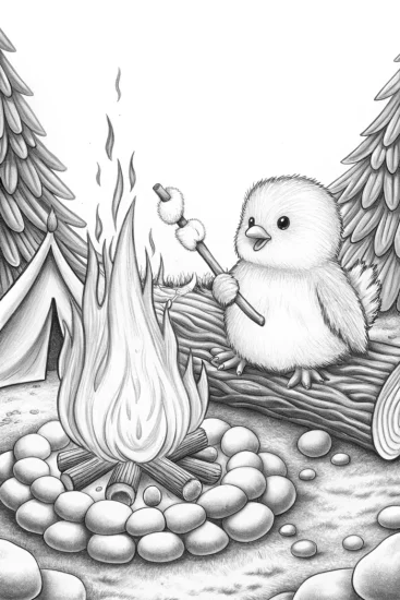 A coloring page of Chick roasting marshmallows by the fire