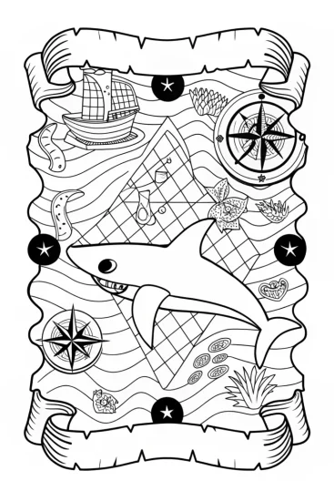 A coloring page of Shark’s treasure map adventure