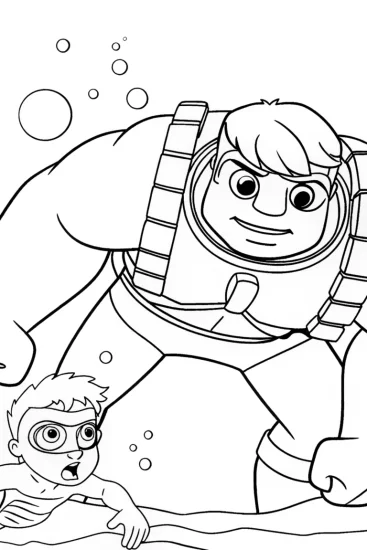 A coloring page of Hulk’s underwater rescue mission