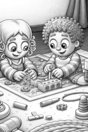 A coloring page of Bluey and Bingo’s invention day