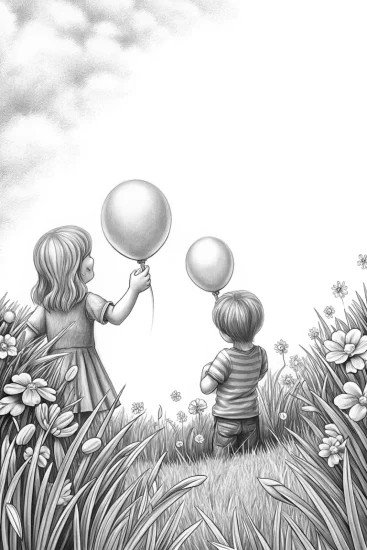 A coloring page of Kids painting balloons in a meadow