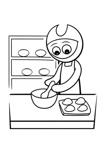 A coloring page of Huggy Wuggy baking in a bakery