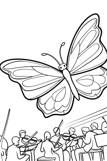 A coloring page of Butterfly conducting a symphony
