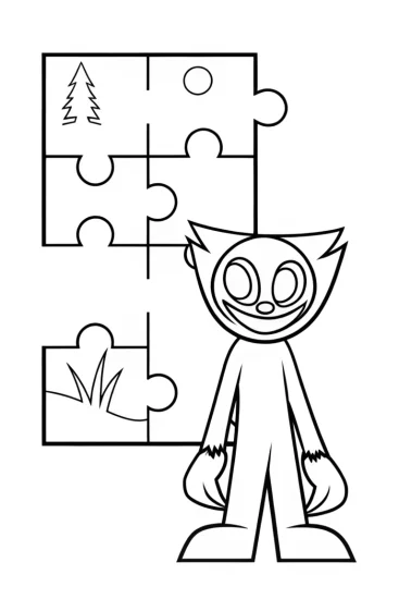A coloring page of Huggy Wuggy on a puzzle adventure