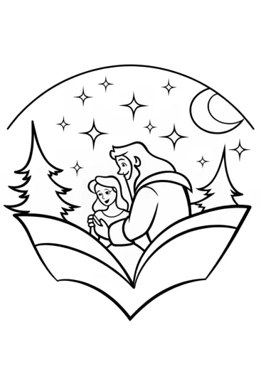 A coloring page of Belle and the Beast’s starry night