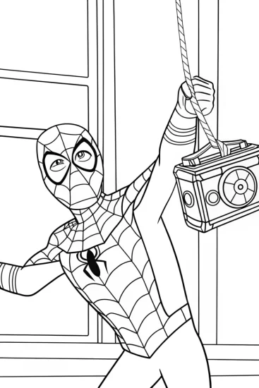 A coloring page of Miles Morales and the magical music box
