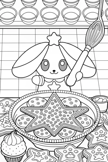 A coloring page of Cinnamoroll baking on a star