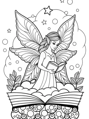 Fairy librarian organizing dreams coloring pages