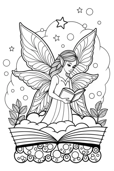 A coloring page of Fairy librarian organizing dreams