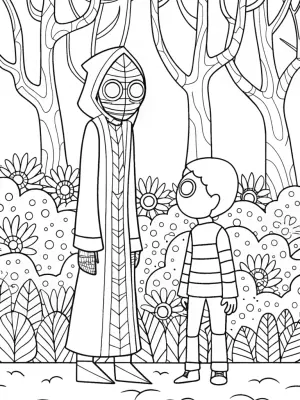 Enderman and villager in a forest coloring pages