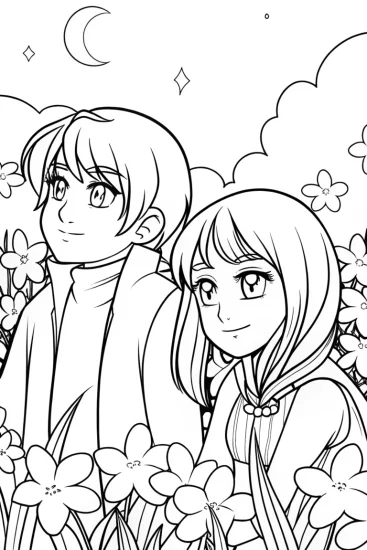 A coloring page of Anime characters in a celestial garden