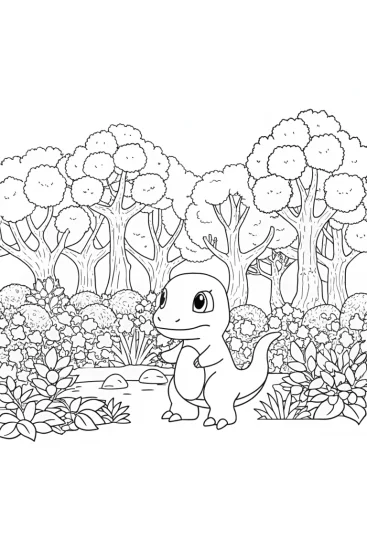 A coloring page of Charmander’s forest adventure