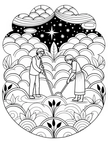 A coloring page of Cloud gardeners in a magical sky