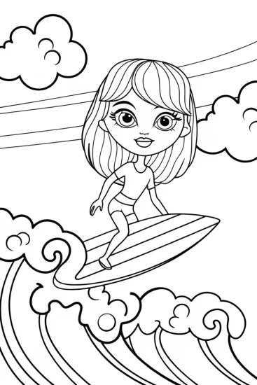 A coloring page of Girl riding a cloud surfboard