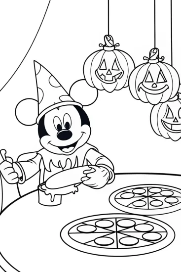 A coloring page of Mickey Mouse spooky pizza party