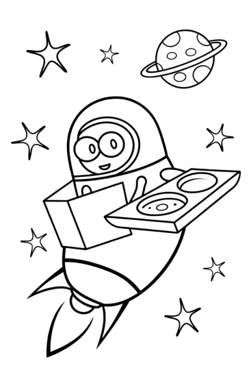 A coloring page of Minion delivering pizza in space