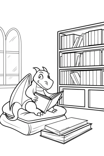 A coloring page of Charizard storytelling in a library