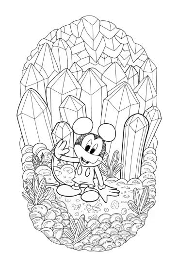 A coloring page of Mickey Mouse exploring a crystal cave