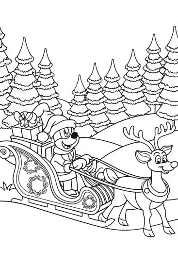 A coloring page of Mickey Mouse Christmas sleigh ride
