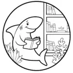 Shark reading in an underwater bookstore