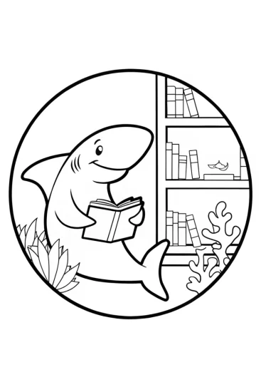 A coloring page of Shark reading in an underwater bookstore