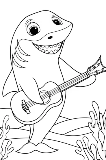 A coloring page of Shark playing seaweed guitar