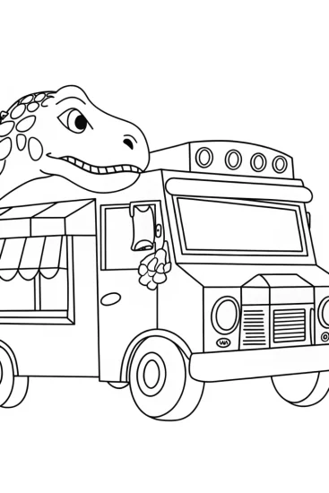A coloring page of T-Rex food truck fun