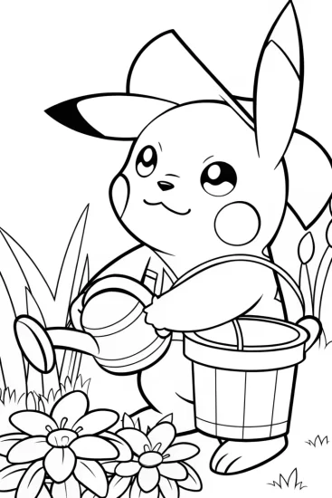 A coloring page of Pikachu inventing in the garden