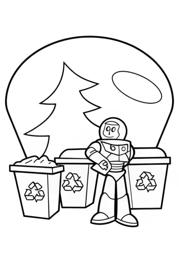 A coloring page of Buzz Lightyear’s recycling adventure