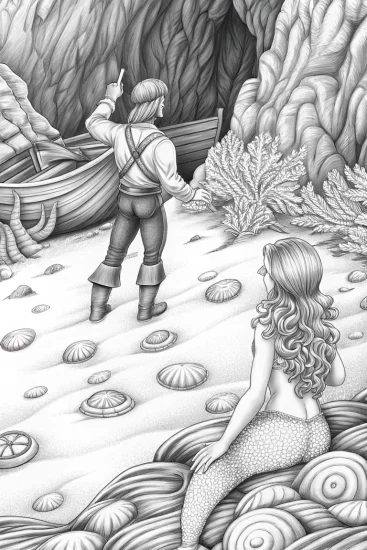 A coloring page of Mermaid guiding a lost explorer