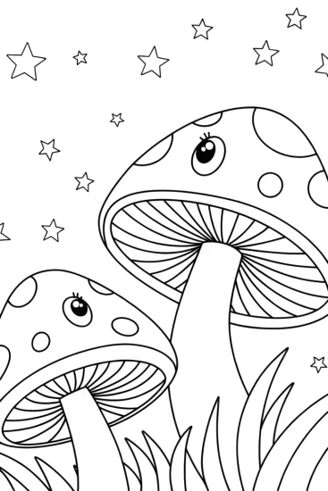 A coloring page of Dancing mushrooms in the night sky