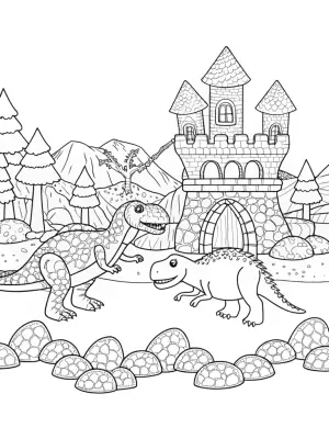 Dinosaurs building a castle coloring pages