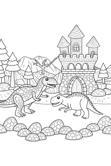 A coloring page of Dinosaurs building a castle