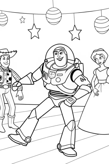 A coloring page of Buzz Lightyear dance party