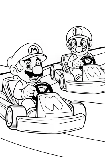 A coloring page of Mario and Luigi racing karts