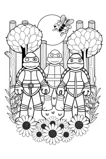 A coloring page of Teenage Mutant Ninja Turtles in a garden