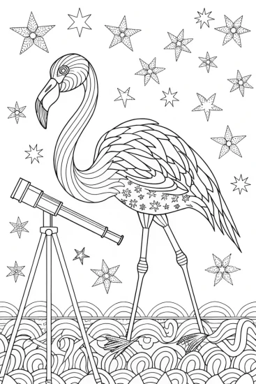 A coloring page of Flamingo astronomer discovering stars