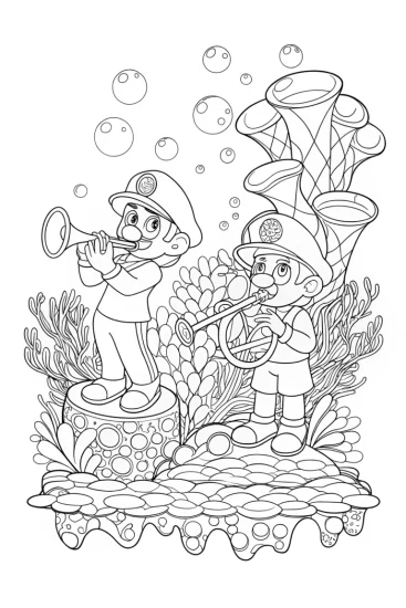 A coloring page of Mario and Luigi’s underwater concert