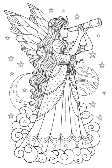 A coloring page of Celestia the fairy astronomer
