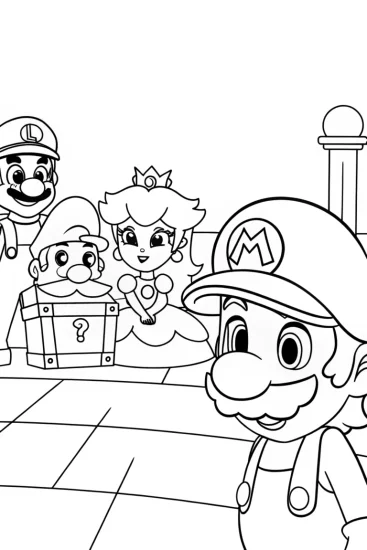 A coloring page of Mario and friends find a time capsule