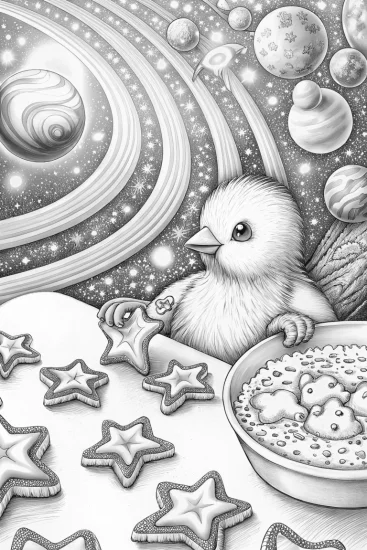 A coloring page of Chick baking cosmic treats
