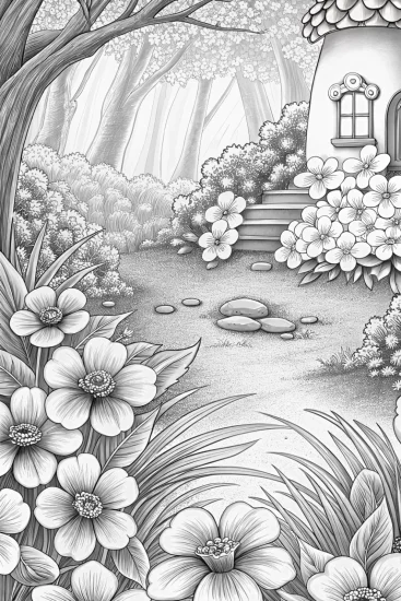 A coloring page of Flowers building a petal village