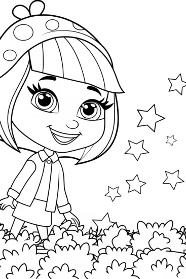 A coloring page of Gabby exploring a star garden