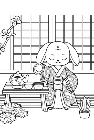 A coloring page of Cinnamoroll tea ceremony
