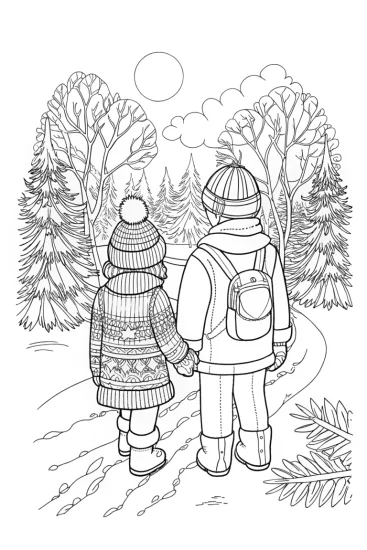 A coloring page of Steve and Alex winter adventure