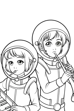 Anime astronauts crafting instruments coloring pages