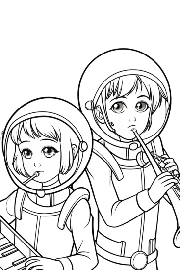 A coloring page of Anime astronauts crafting instruments