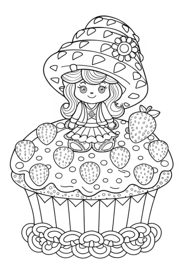 A coloring page of Strawberry Shortcake on a giant cookie