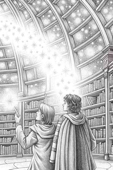 A coloring page of Avengers in a celestial library