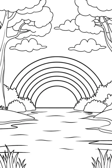A coloring page of Rainbow reflections in the enchanted lake